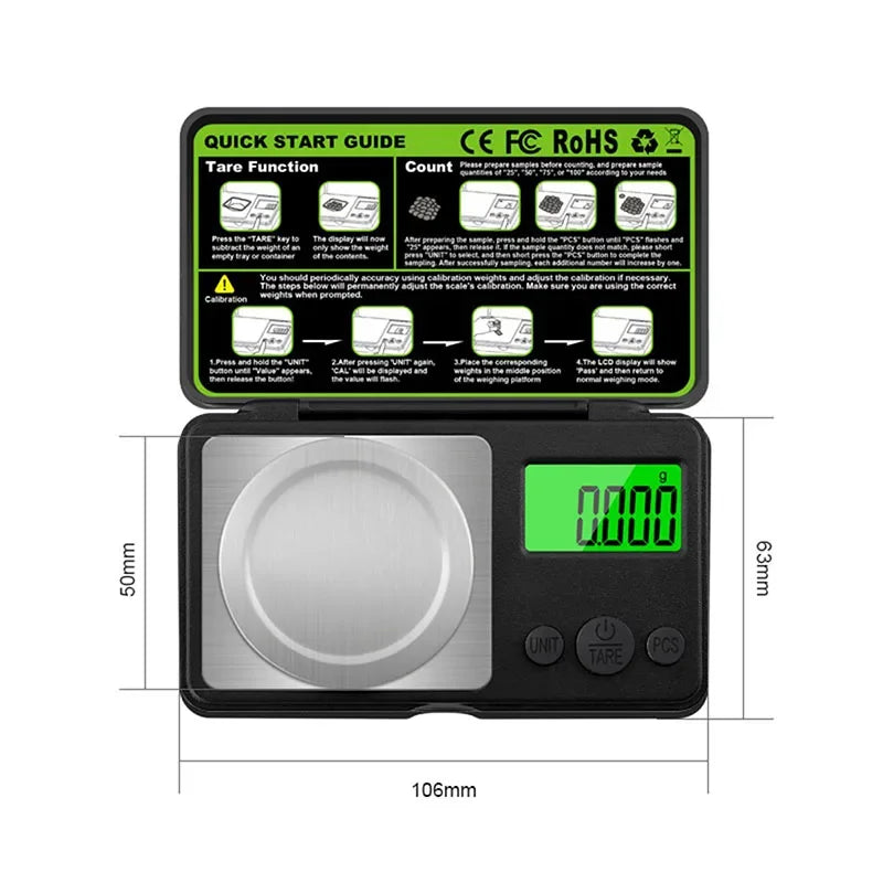 A black digital jewelry scale with a screen displaying 0.000 and a quick start guide.
