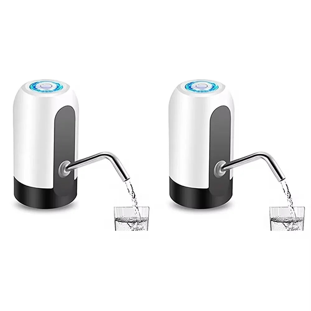 A white and black automatic USB charging water dispenser pump dispensing water into a glass.