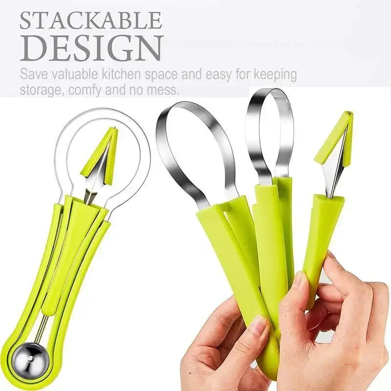 A set of four yellow silicone tools for slicing and carving fruit, held in a person's hand.