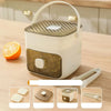 A white reusable grid ice cube mold set with various sized molds and a storage container on a wooden surface.