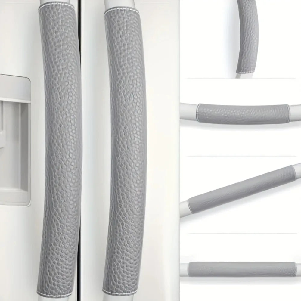 Close-up view of faux leather refrigerator door handle covers in various shades of gray.