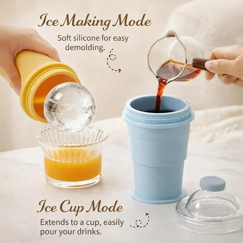 A hand pours liquid into a silicone ice cup, demonstrating the Ice Cup Mode of a 2-in-1 silicone ice ball maker.