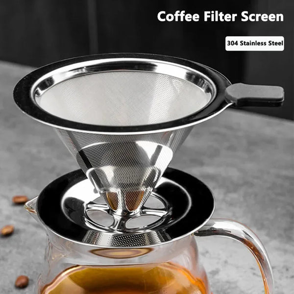 A reusable stainless steel coffee filter screen dripper positioned over a glass, showing the filtering process.