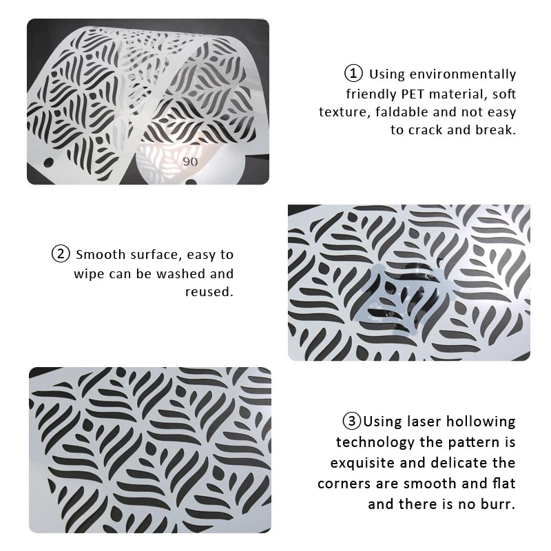 A set of plastic cake stencils featuring a leaf pattern, highlighting its eco-friendly material and smooth surface.