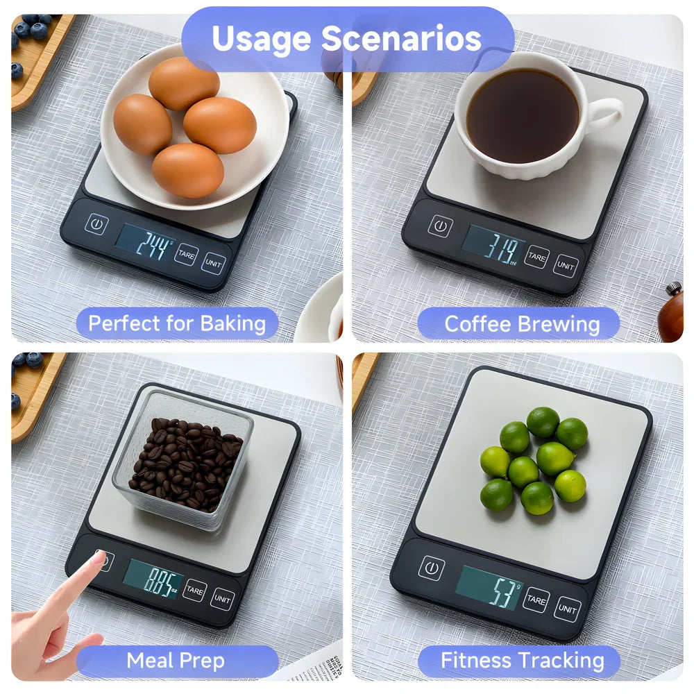 A precision digital kitchen scale is shown in various usage scenarios including baking, coffee brewing, meal prep, and fitnes