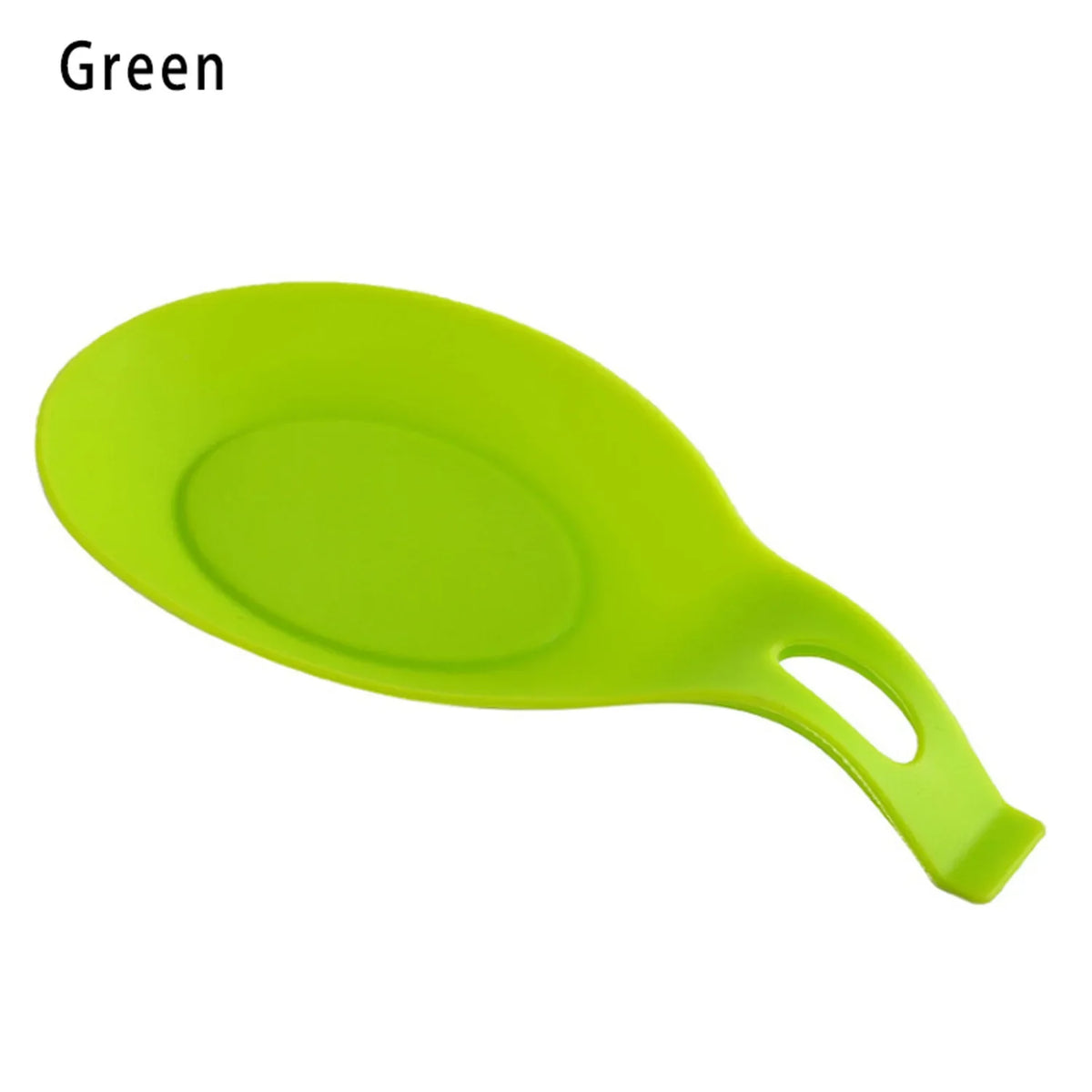 A bright green silicone utensil holder with a handle, used as a kitchen organizer.