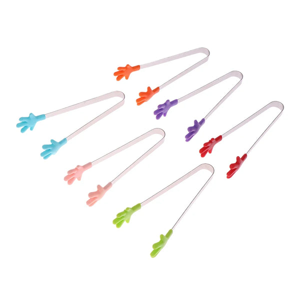 A set of silicone food tongs in various colors used for BBQ and desserts.