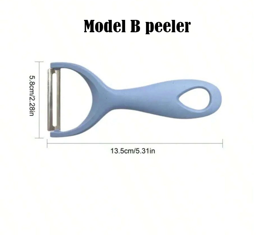 A light blue Model B peeler with a rectangular blade and a curved handle.