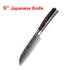 A 5 inch Japanese knife with a dark wood handle and a silver blade shown from the side.
