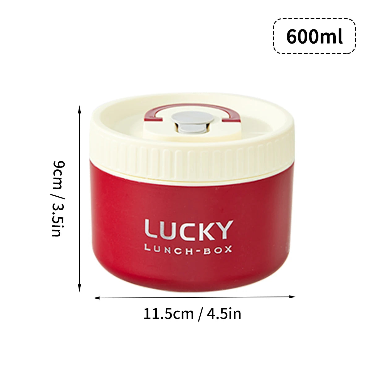 A red and cream portable stackable thermal lunch box with a lid, measuring 9cm by 11.5cm.