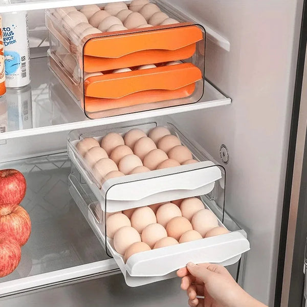 A hand is taking an egg storage drawer out of a refrigerator shelf, showing various colored and white eggs.