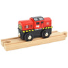 A red and black wooden magnetic train car named Bumblebee is placed on a light wooden track.