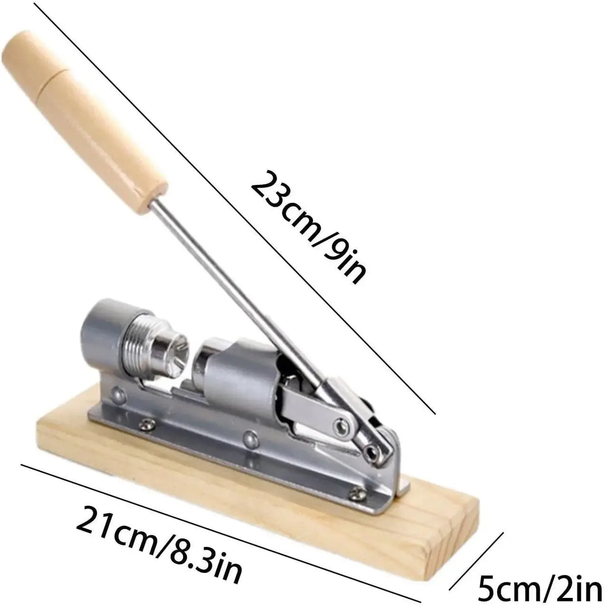 Stainless steel manual nut cracker tool with a wooden handle and measuring dimensions.