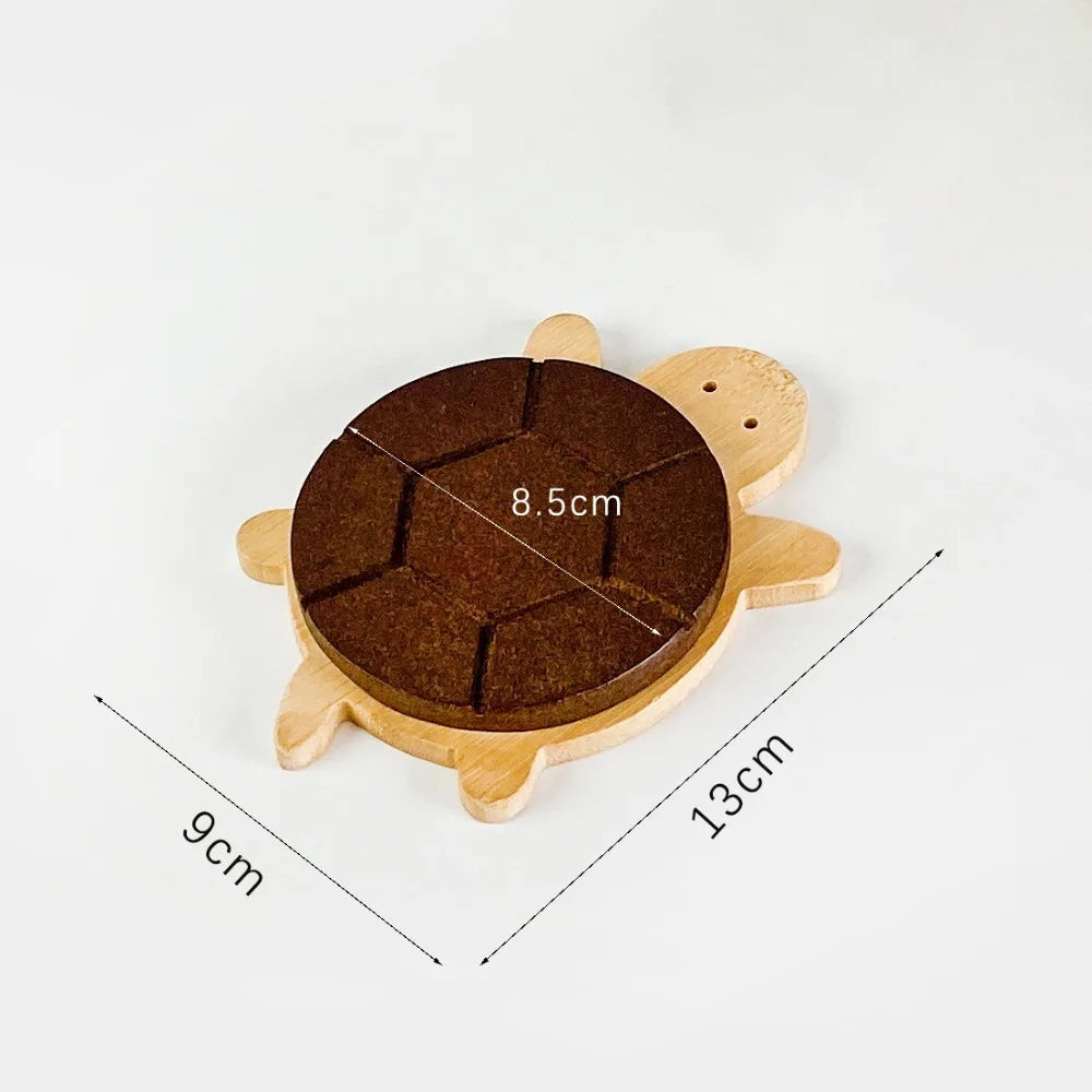 A solid wood turtle insulation mat coaster set with a round, textured brown mat and wooden frame.