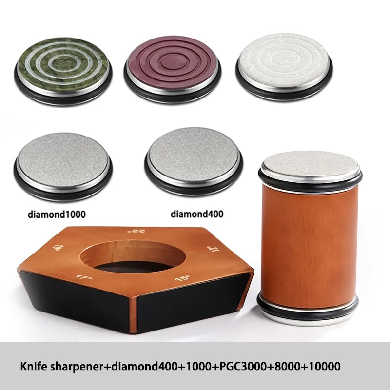 Set of multi-angle rolling knife sharpeners including diamond 400, 1000, and PGC 3000, 8000, and 10000.