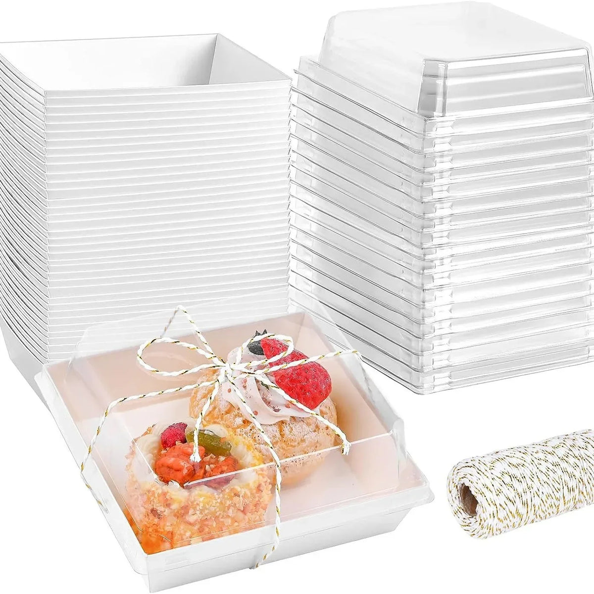 Stack of clear square plastic sandwich packing boxes and a roll of kraft paper tape.