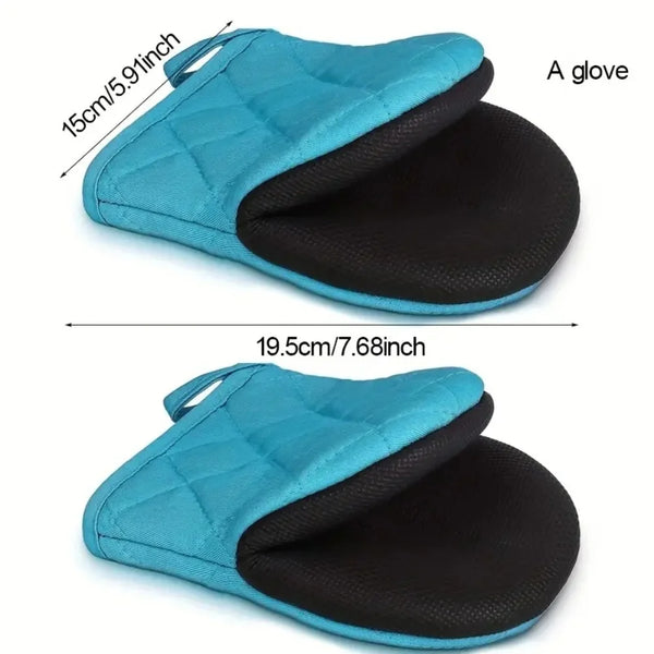 A pair of teal and black heat resistant oven mitts with a non-slip silicone grip shown from the side.