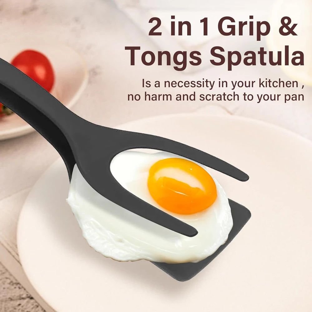A black silicone spatula is shown flipping a fried egg on a white plate.