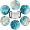 A set of six marble style acrylic coasters featuring blue and gold marbled patterns.