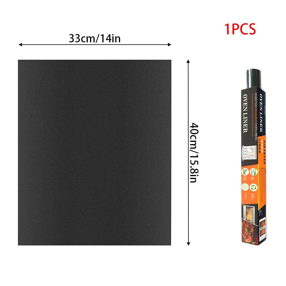 Black reusable silicone baking mat or oven liner with dimensions 33cm by 40cm