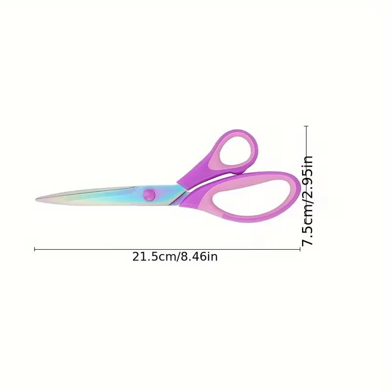 A pair of purple and silver ultra sharp stainless steel craft scissors shown with dimensions.