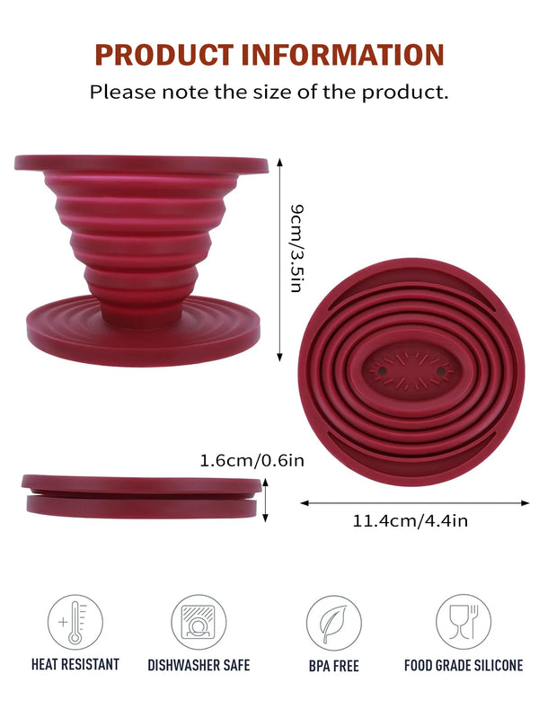 Roter Silikon-Kaffee-Filter (Pour-Over) in verschiedenen Ansichten und mit Funktionen.