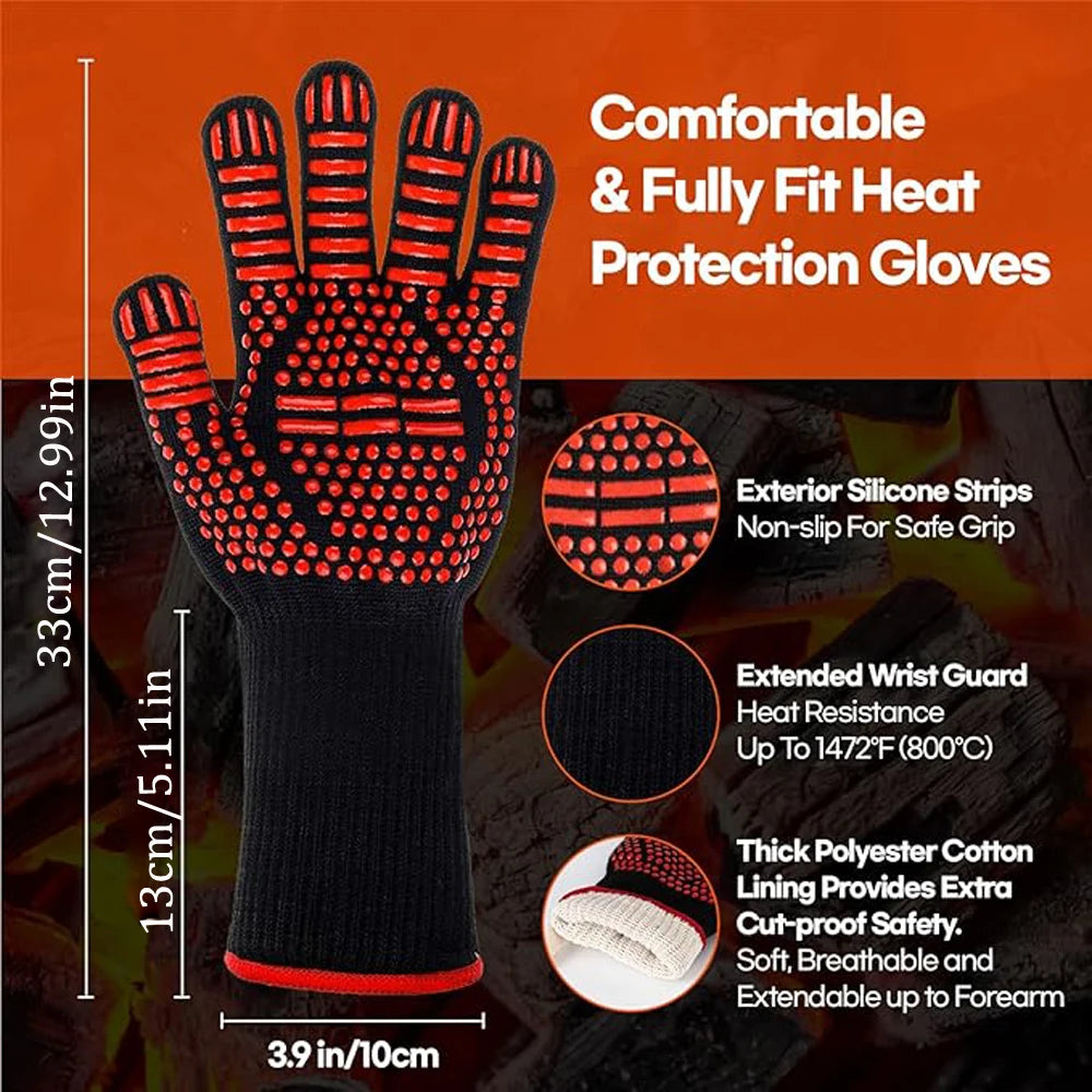 Black and orange heat protection gloves with silicone grips and extended wrist guards