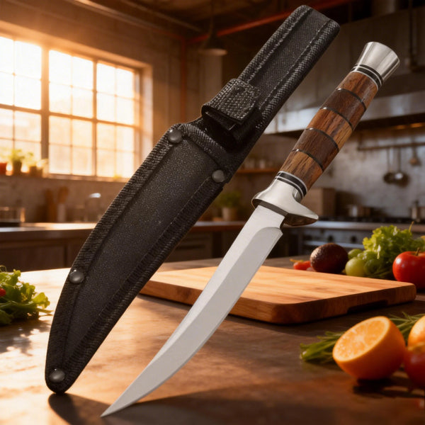 Japanisches Sashimi-Messer mit schwarzer Hülle und Holzgriff auf einer Holzschneidebrett