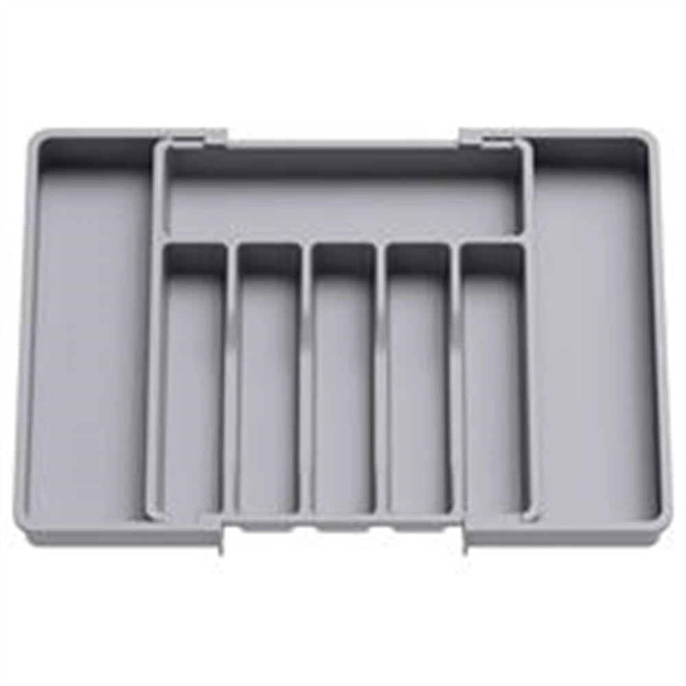 A gray adjustable plastic flatware organizer tray with multiple compartments.