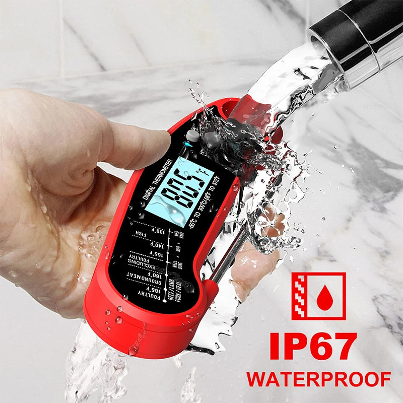 A hand is using a red digital meat thermometer to measure meat under running water.