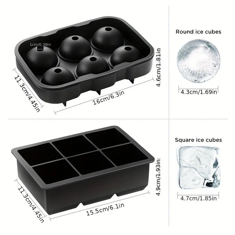 Black silicone ice cube molds showing round and square ice cubes.