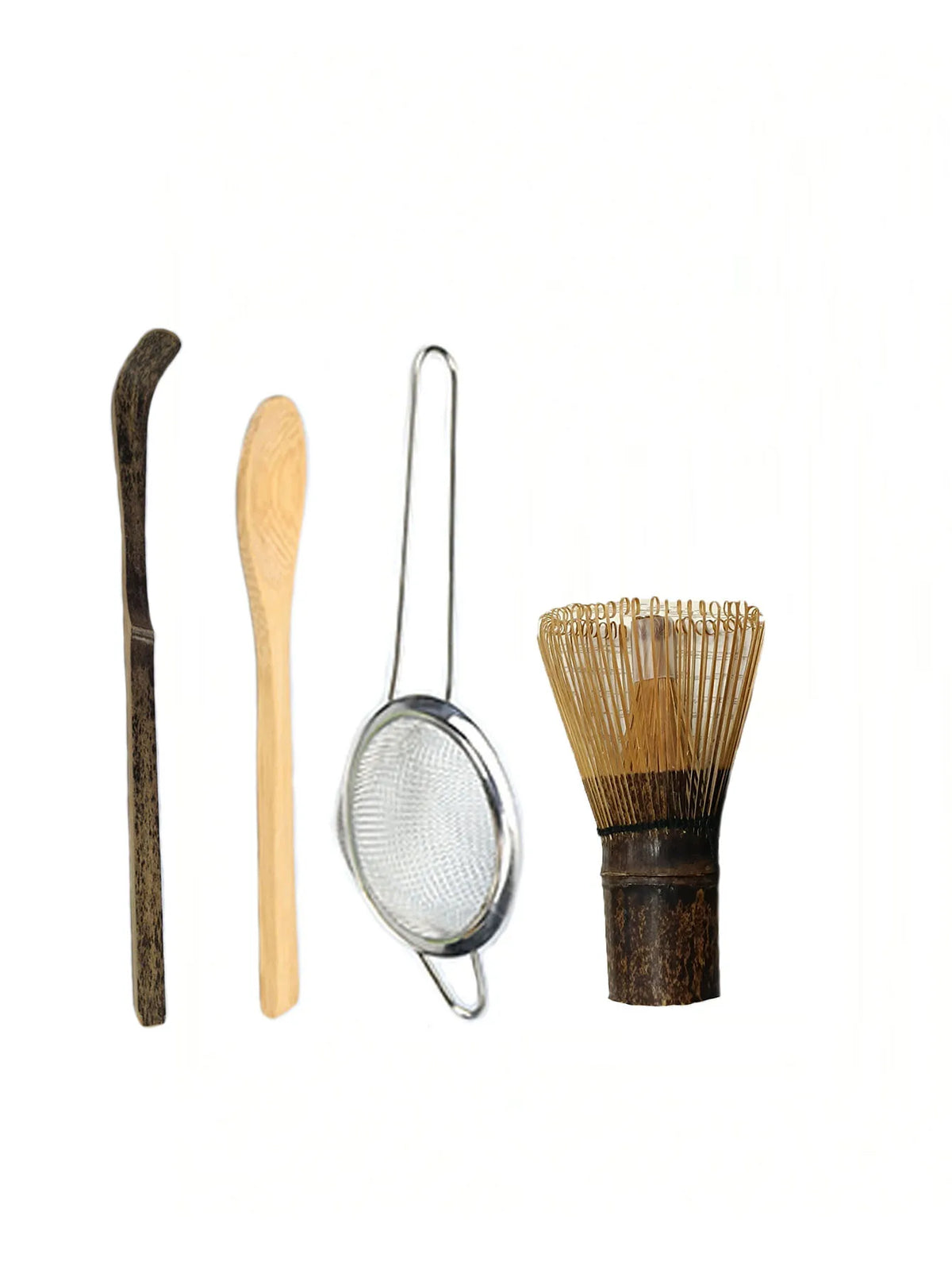 A set of four purple bamboo tea whisk tools including a long stick, a spoon, and a mesh sieve.