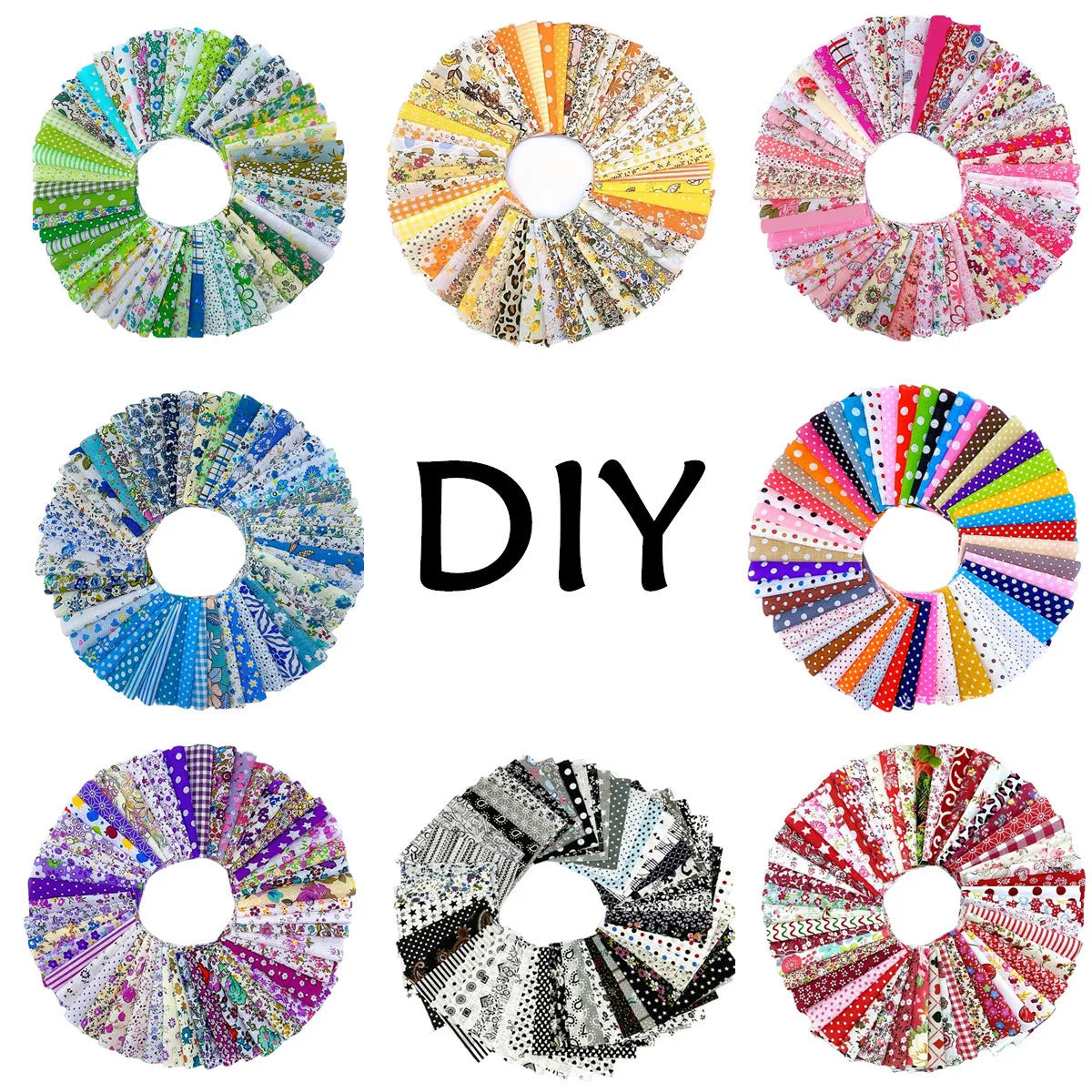 A collection of colorful, circular fabric samples showing various patterns and textures for DIY projects.