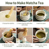 A six-step guide showing how to make matcha tea using a traditional Japanese set and tools.