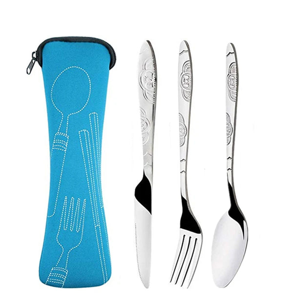 Blaue Silikon-Aufbewahrungsbox für Besteck (Gabel, Messer, Löffel) aus Edelstahl.