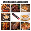 A digital meat thermometer is shown next to various cuts of meat and baked goods.