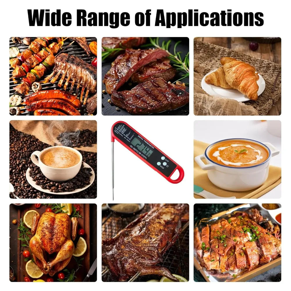 A digital meat thermometer is shown next to various cuts of meat and baked goods.