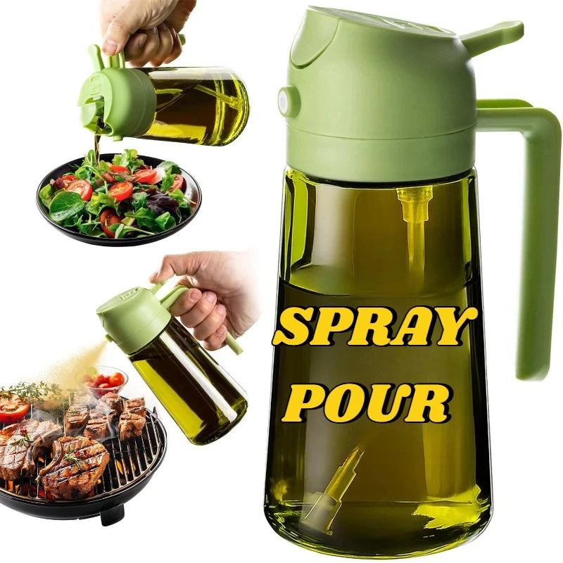 A green dual-function oil sprayer bottle is shown next to olive oil being sprayed onto a salad and grilled meat.