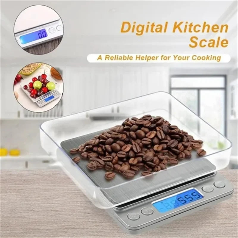 A digital kitchen scale measuring coffee beans placed on a clear plastic tray.
