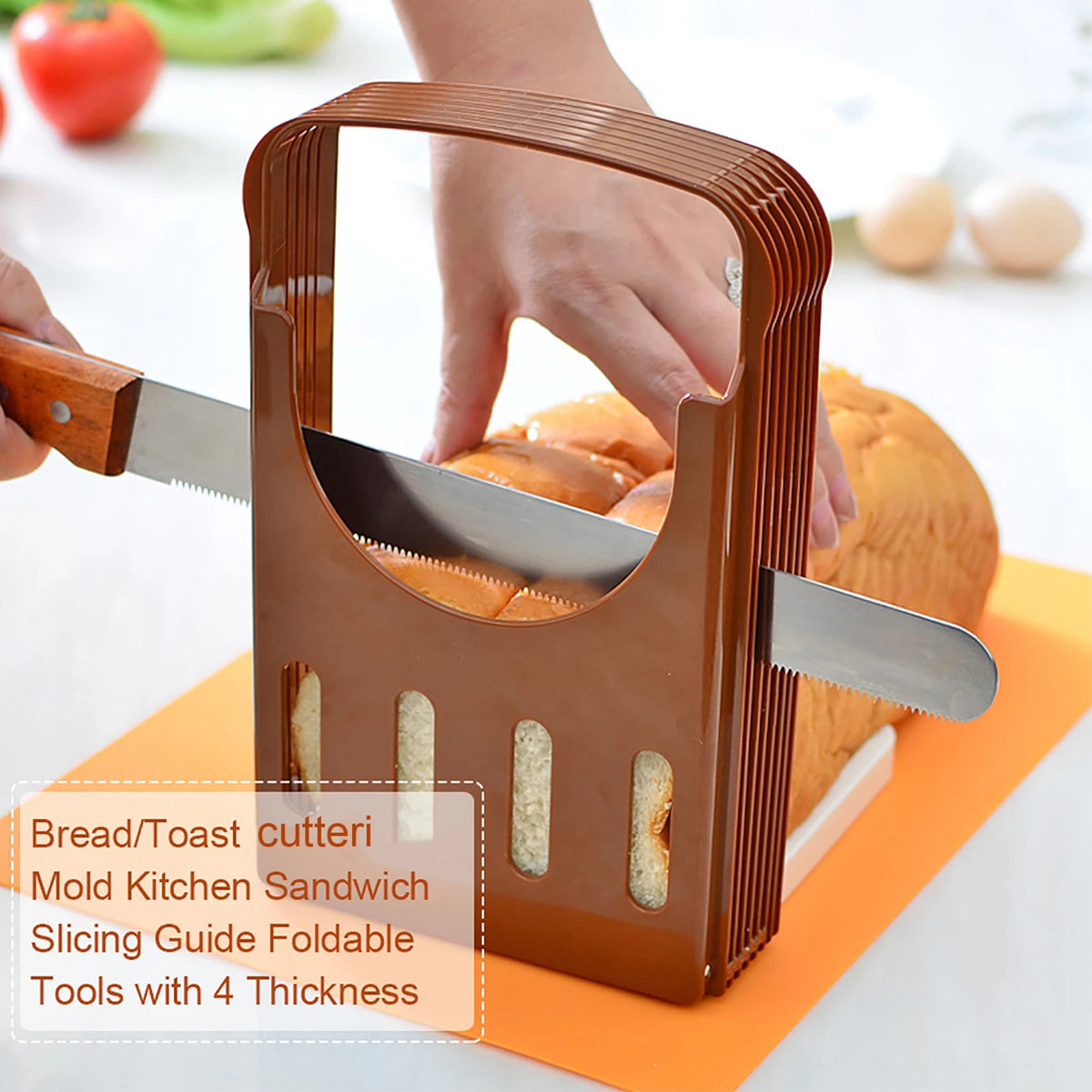 A brown silicone mold bread and toast cutter with four thickness guides is shown next to a loaf of bread.
