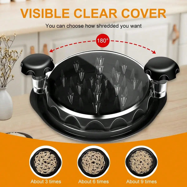 A black ergonomic manual chicken shredder is shown with various shredded meat quantities.