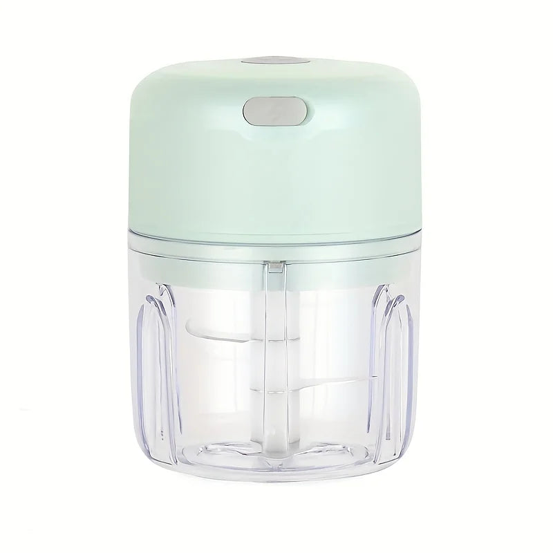 A clear plastic mini rechargeable garlic chopper and meat grinder with a light mint green lid.