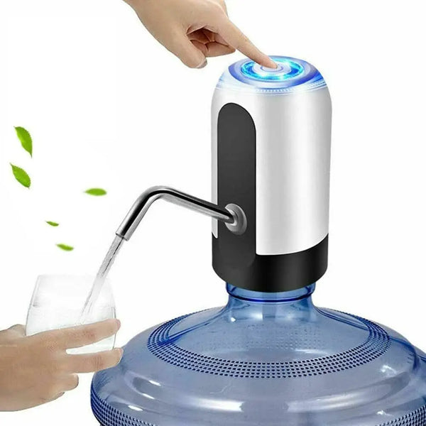 A hand is dispensing water from a blue bottle into a white electric dispenser pump.