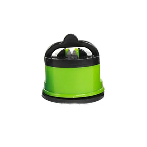 A black and lime green suction knife sharpener for kitchen tools.