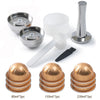 Reusable stainless steel coffee pods in 80ml, 150ml, and 230ml sizes with various accessories