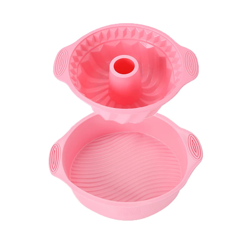 Pink nonstick silicone baking set with a mold and pan for cakes