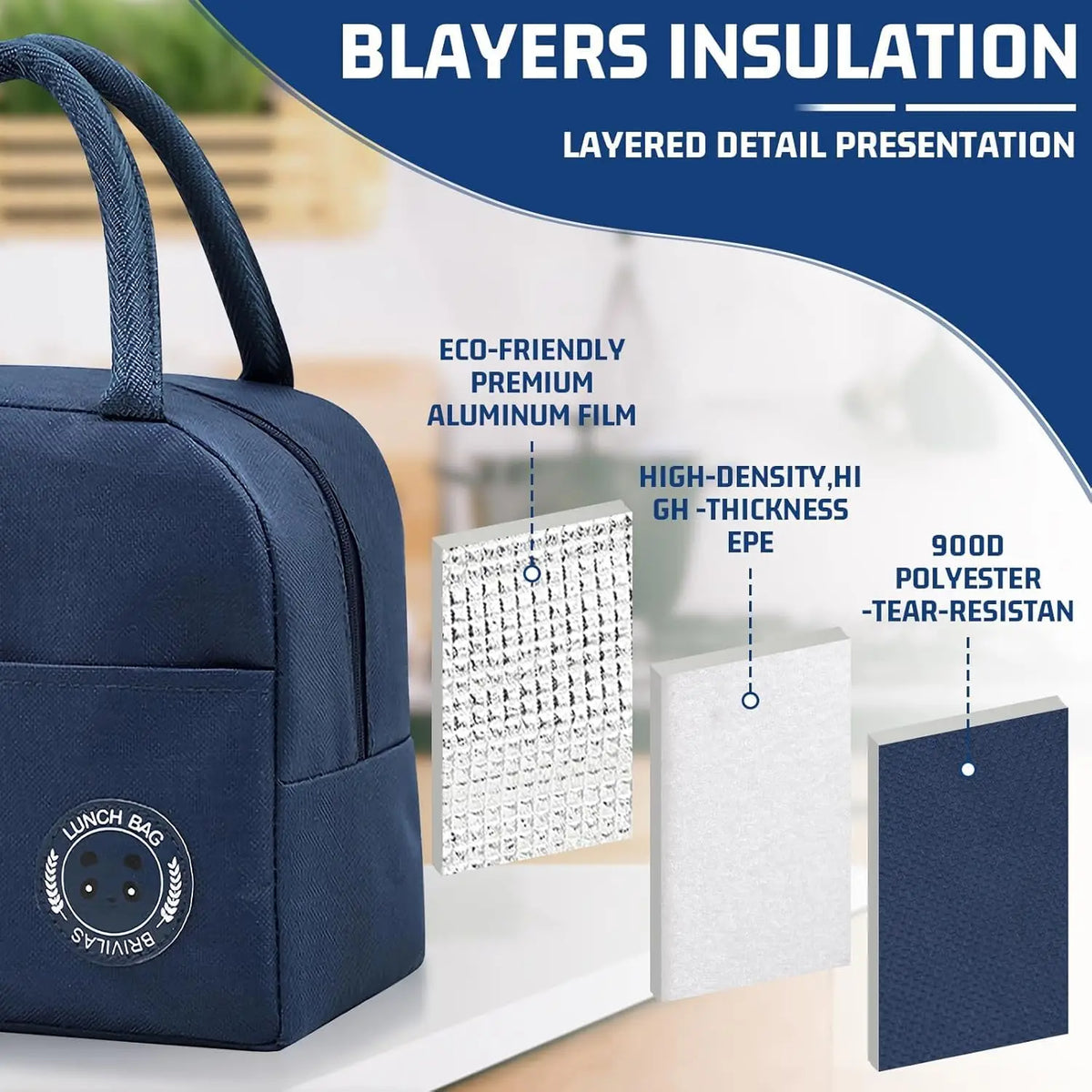 A navy blue insulated lunch bag featuring a layered detail presentation of its construction.