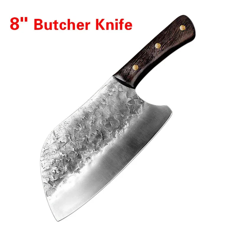 An 8 inch butcher knife with a dark wood handle and a polished stainless steel blade.