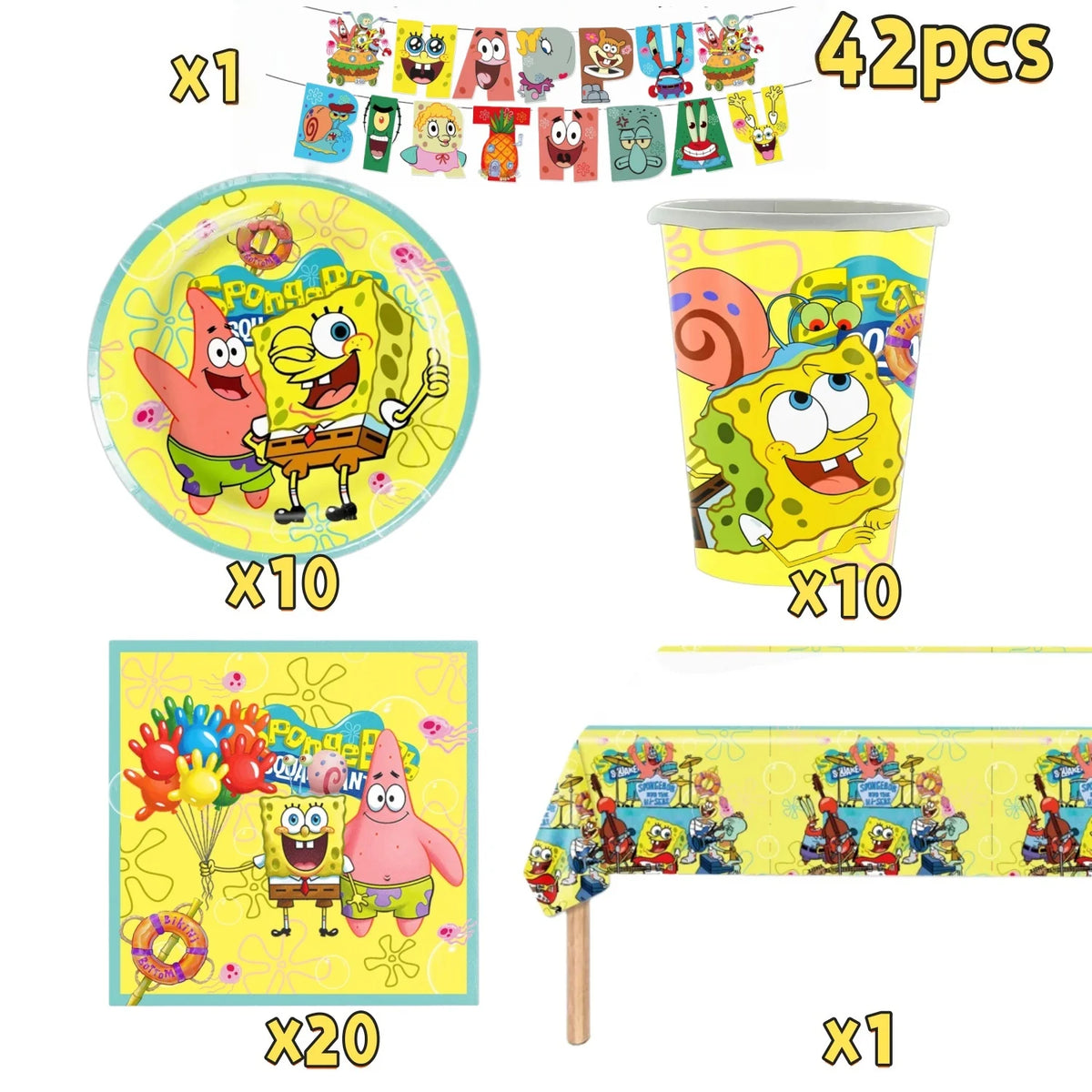 A disposable party set featuring SpongeBob characters including a cup, plate, and decorations.