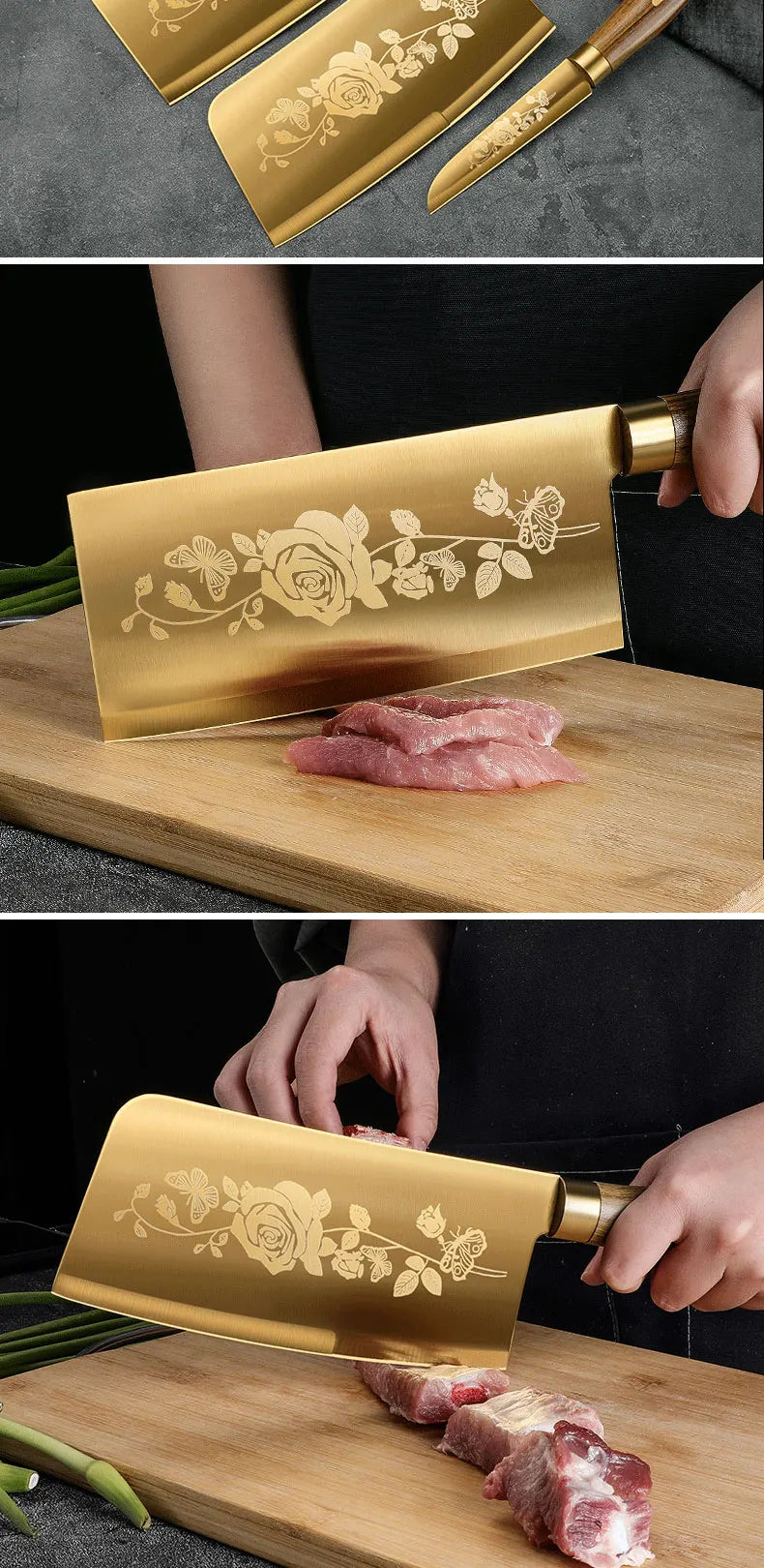 A set of four golden rose stainless steel chef knives is shown with raw meat on a wooden cutting board.